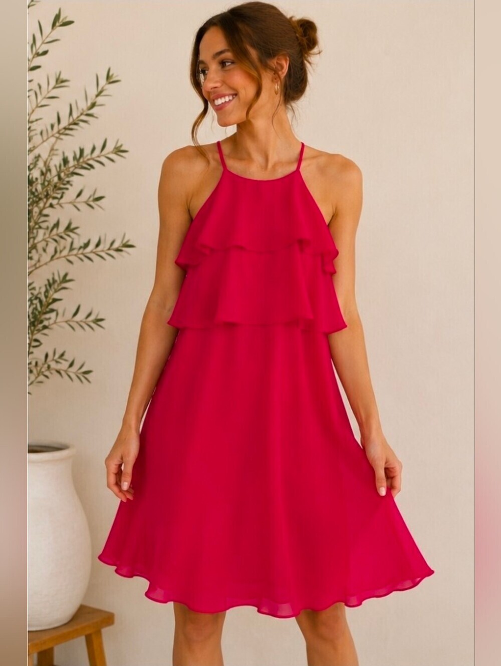 Charles Henry Hot Pink Ruffle Halter Dress